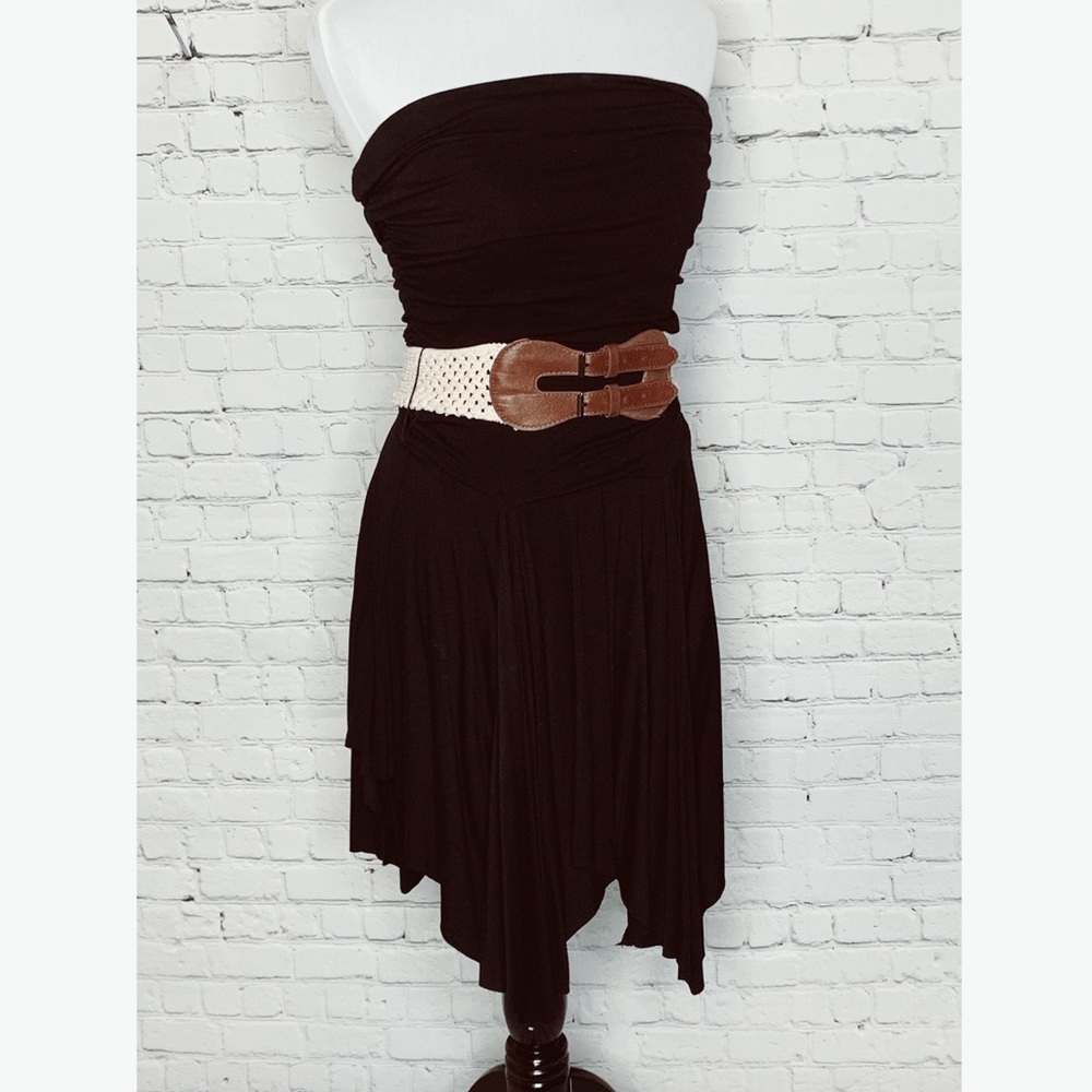 Arden B strapless black dress, layered bottom.